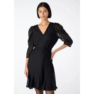 Karl Lagerfeld Burnout Logo Print V‑Neck Tie Waist Dress Black Women 16‎ NWT